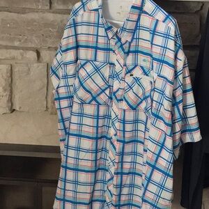 Casual Blue and White Plaid Button-Down Shirt fishing shirt